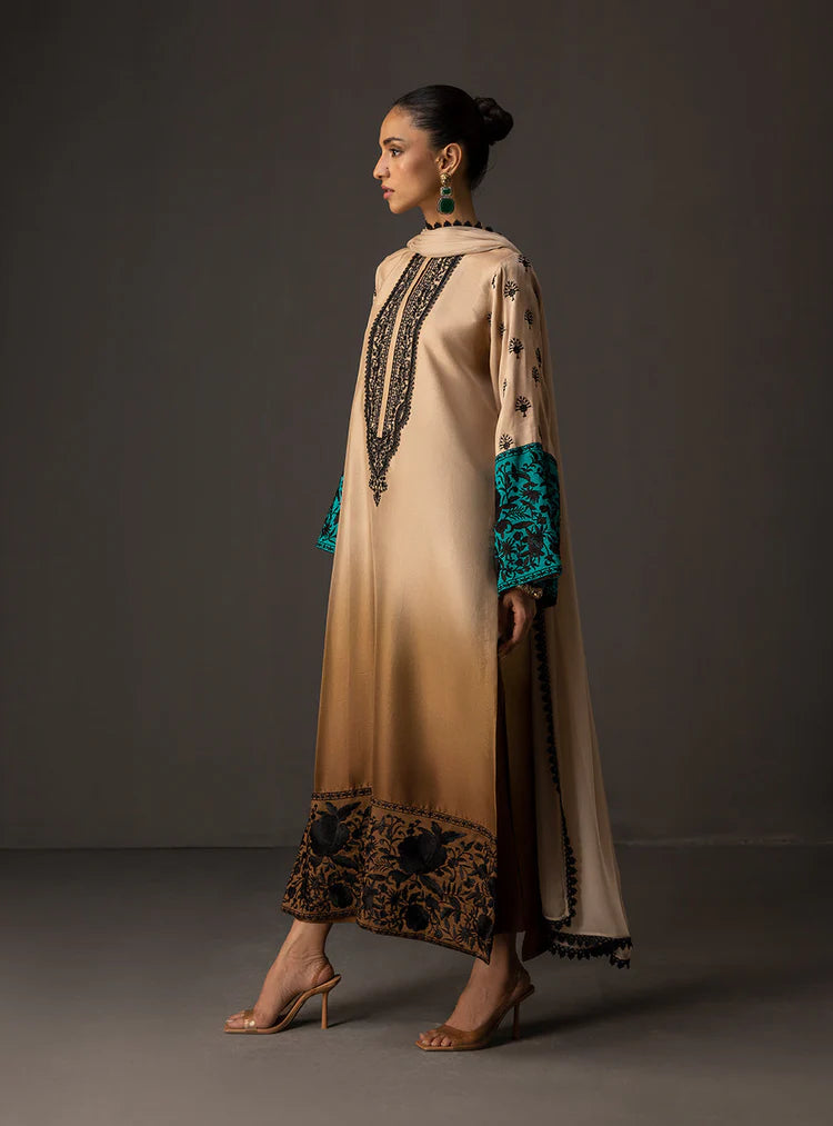 BrandsInn-3PC SHAMOZ SILK PRINT EMBROIDERED SHIRT WITH SOFT SILK PRINT DUPATTA & SILK TROUSER-BI-4165