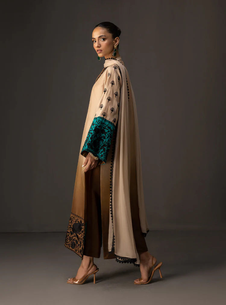 BrandsInn-3PC SHAMOZ SILK PRINT EMBROIDERED SHIRT WITH SOFT SILK PRINT DUPATTA & SILK TROUSER-BI-4165