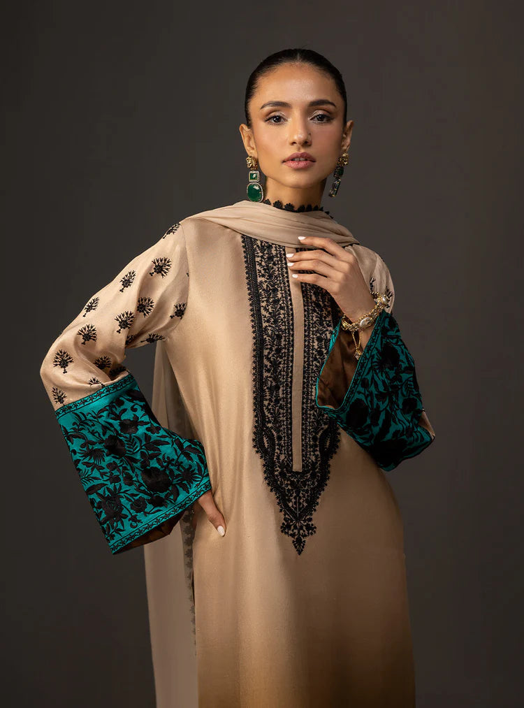BrandsInn-3PC SHAMOZ SILK PRINT EMBROIDERED SHIRT WITH SOFT SILK PRINT DUPATTA & SILK TROUSER-BI-4165