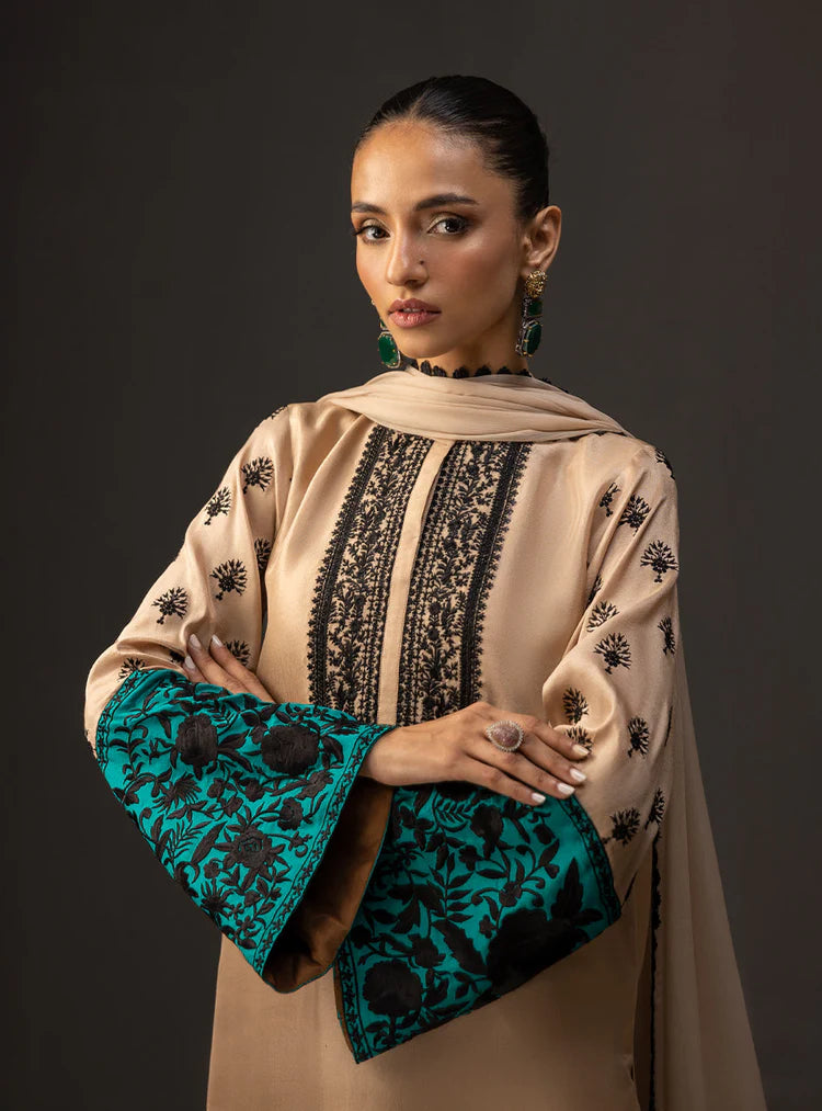 BrandsInn-3PC SHAMOZ SILK PRINT EMBROIDERED SHIRT WITH SOFT SILK PRINT DUPATTA & SILK TROUSER-BI-4165