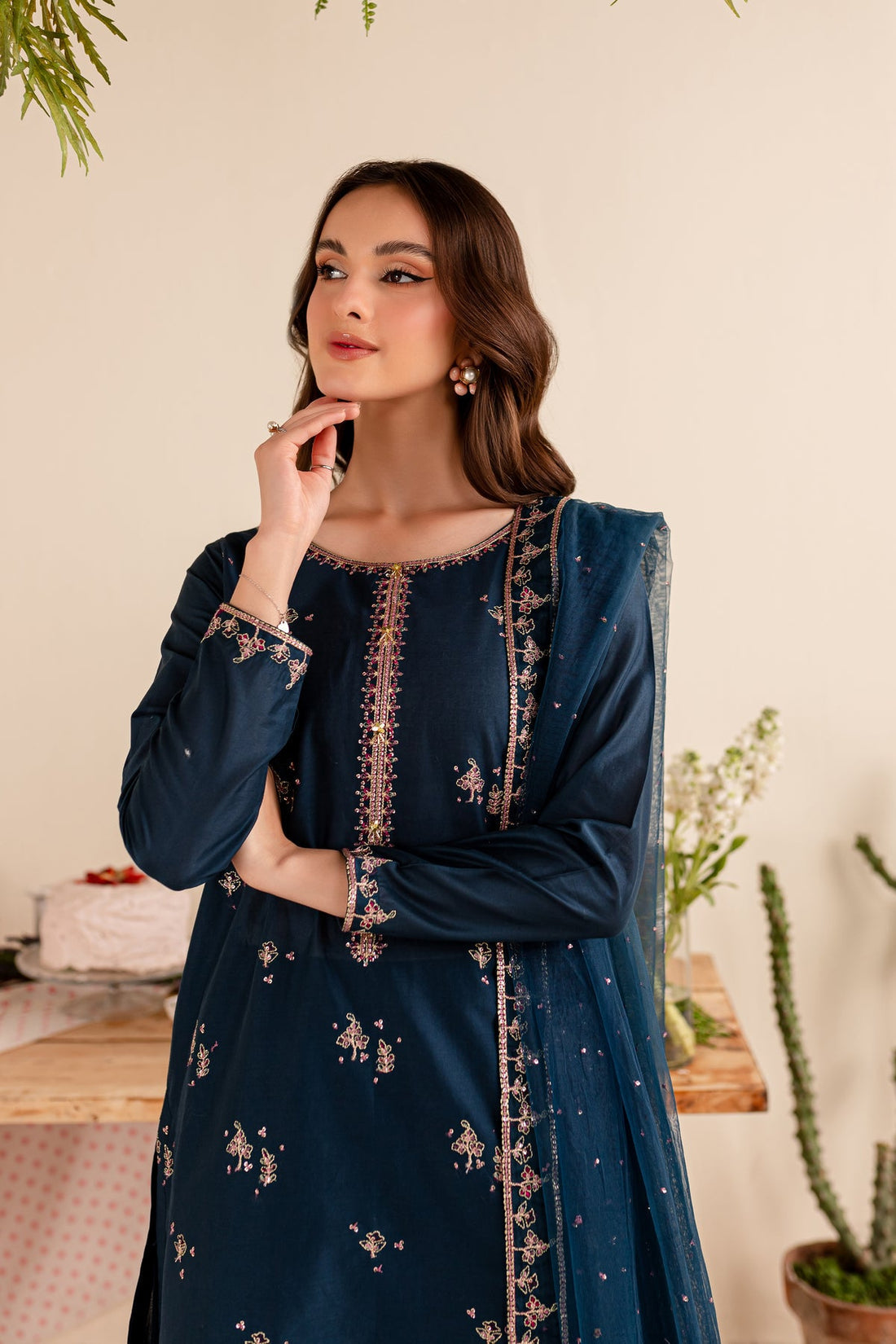BATIK-3PC DHANAK EMBROIDERED SHIRT DHANAK EMBROIDERED SHAWL AND EMB TROUSER-BI-4173