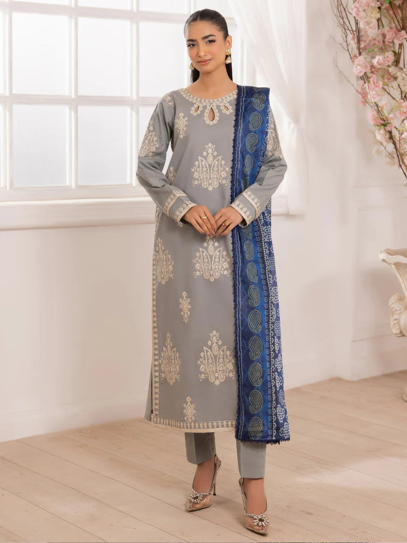 BrandsInn-3PC LAWN EMBROIDERED SHIRT WITH MONARK PRINTED DUPATTA AND TROUSER-BI-348