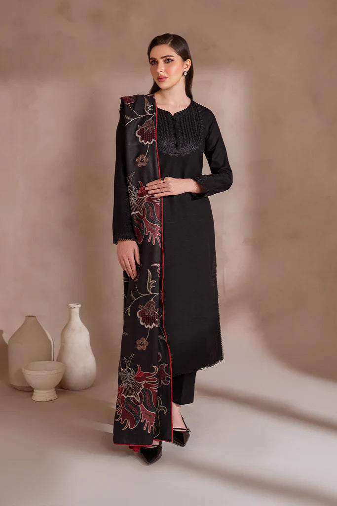 BrandsInn-3PC DHANAK EMBROIDERED SHIRT WITH DHANAK EMBROIDERED SHAWL & TROUSER-BI-4131