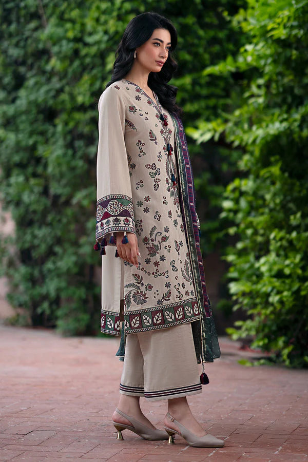 BrandsInn-3PC DHANAK EMBROIDRED SHIRT WITH WOOL PRINT SHAWL AND TROUSER-BI-4062
