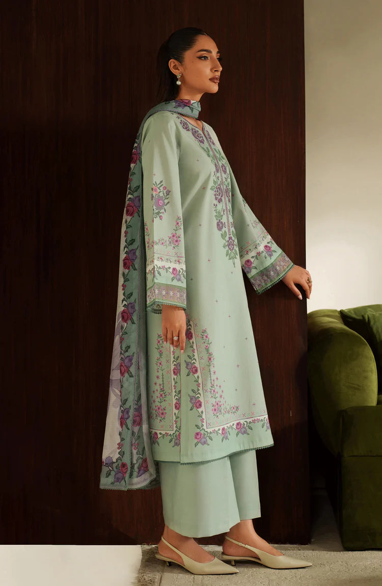 BrandsInn-3PC DHANAK EMBROIDERED SHIRT WITH COURTRAI PRINTED SHAWL & TROUSER-BI-4322