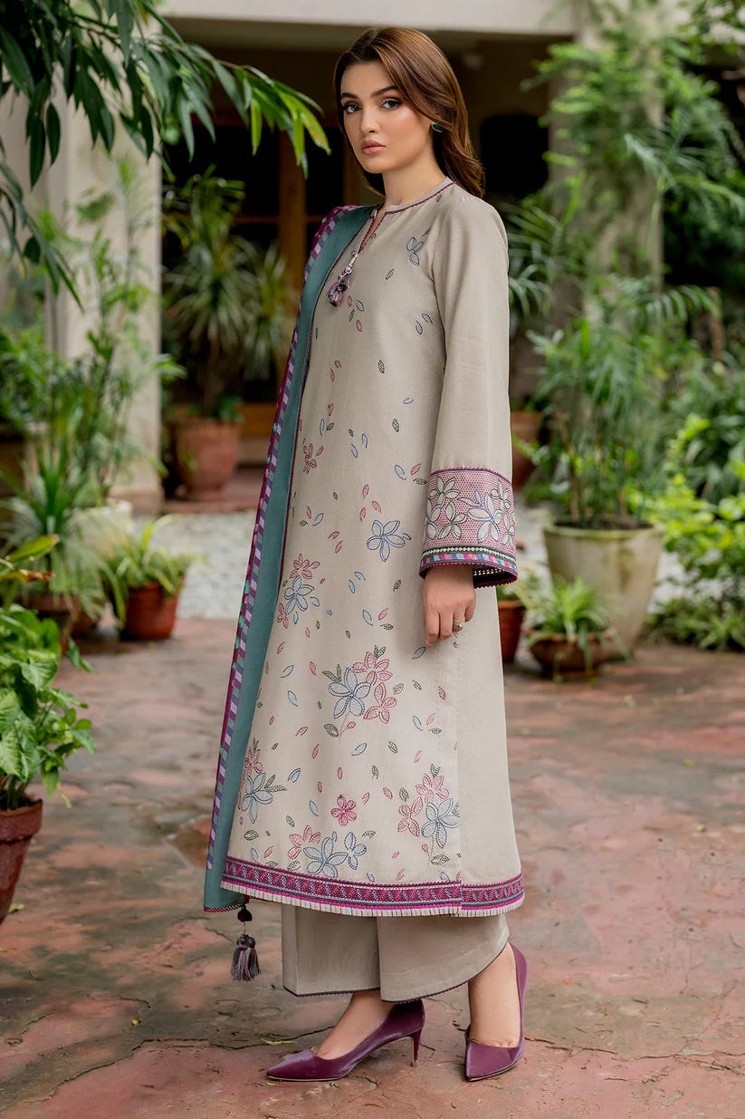 BrandsInn-3PC DHANAK EMBROIDRED SHIRT WITH WOOL PRINT SHAWL AND TROUSER-BI-4068