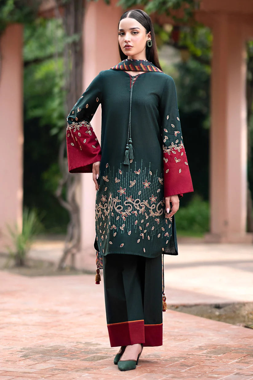 BrandsInn-3PC DHANAK EMBROIDRED SHIRT WITH WOOL PRINT SHAWL AND TROUSER-BI-4077