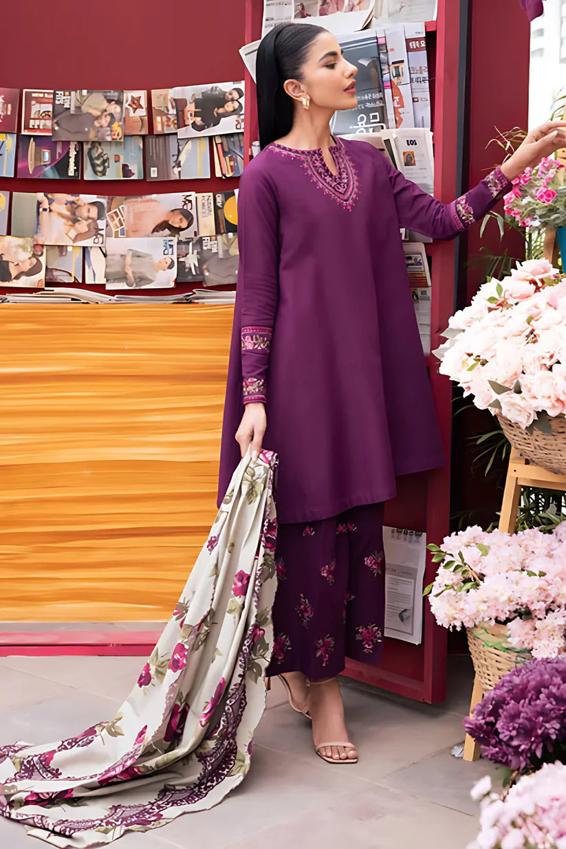 BrandsInn- 3PC DHANAK EMBROIDERED SHIRT WITH MONARK PRINTED DUPATTA AND EMB TROUSER-BI-4130