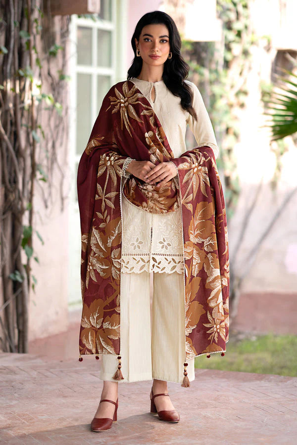 BrandsInn- 3PC DHANAK EMBROIDERED SHIRT WITH WOOL PRINT SHAWL AND TROUSER-BI-4071