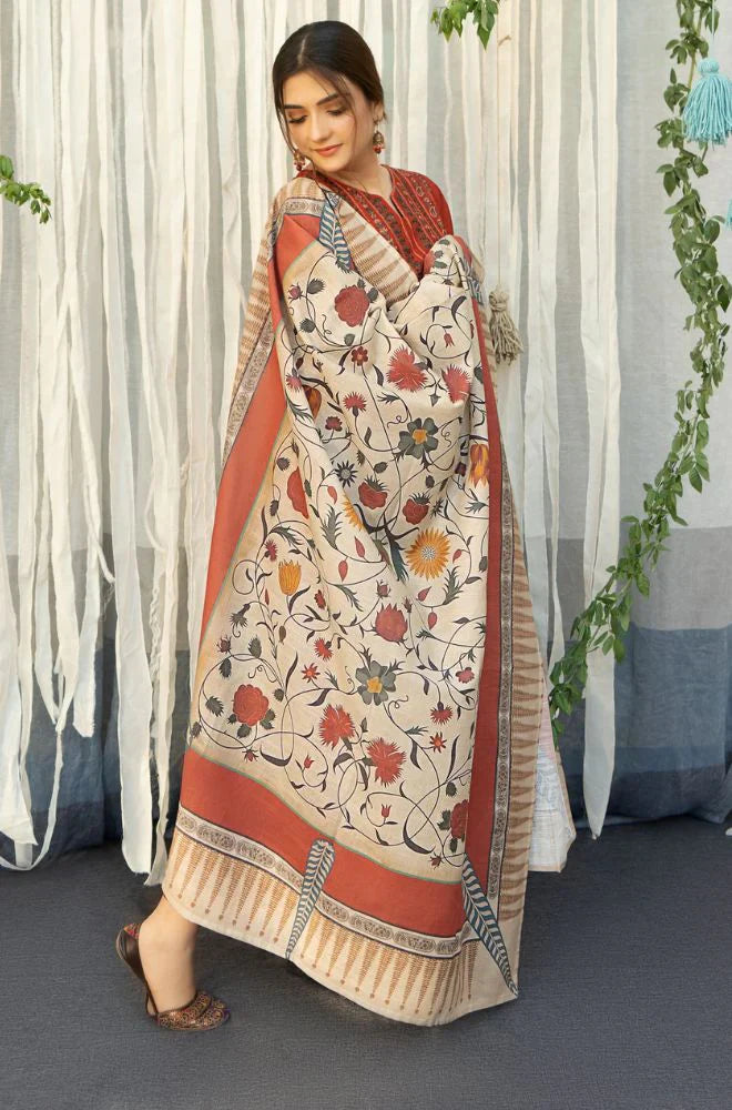 BrandsInn - 3PC DHANAK EMBROIDERED SHIRT WITH COUTURE WOOL PRINT SHAWL AND TROUSER-BIC-4019