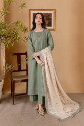 BrandsInn-3PC DHANAK EMBROIDERED SHIRT WITH DHANAK EMBROIDERED SHAWL AND TROUSER-BI-4133