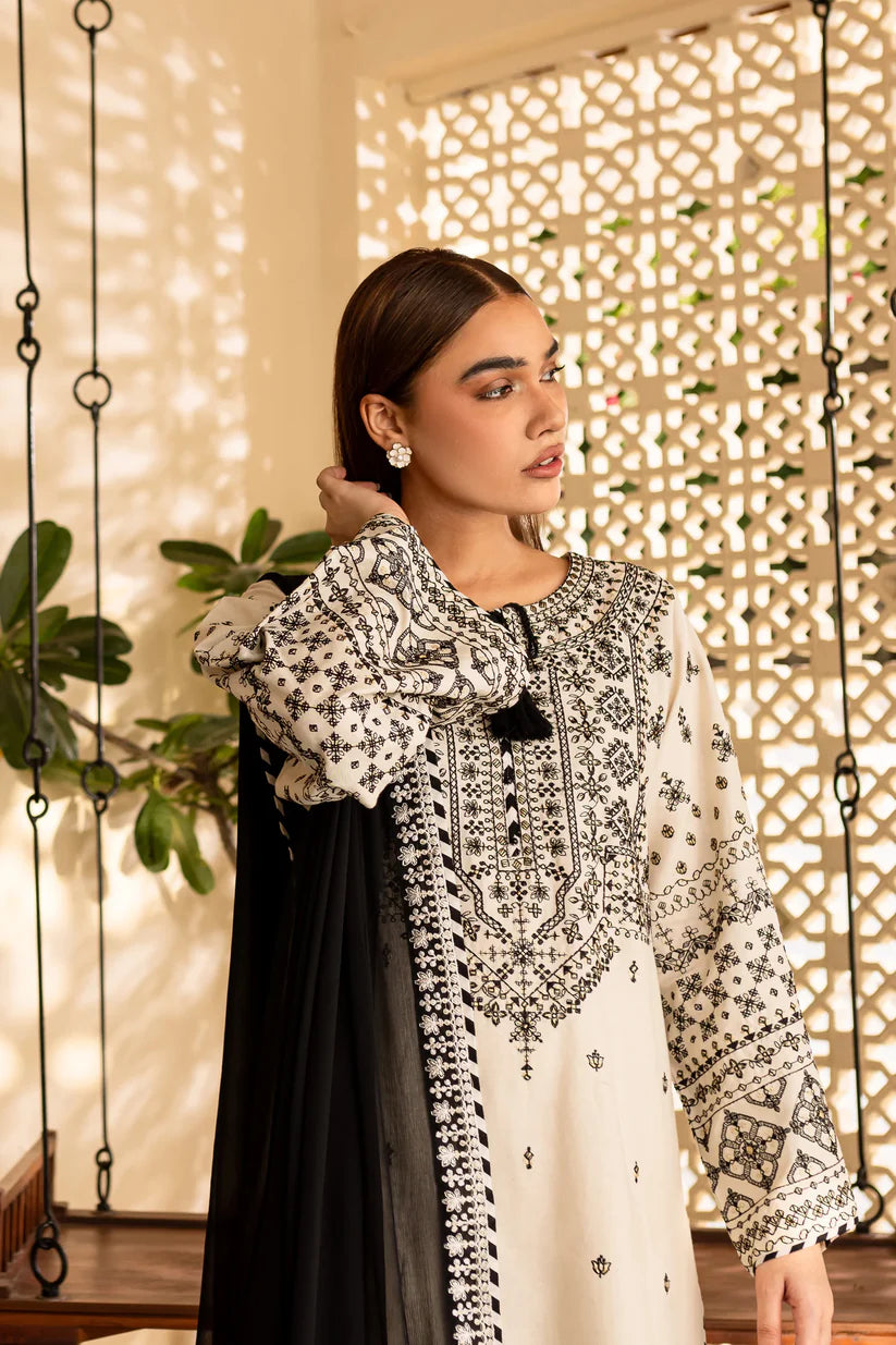 BrandsInn-3PC LAWN EMBROIDERED SHIRT WITH CHIFFON EMBROIDERED DUPATTA AND TROUSER-BI-302