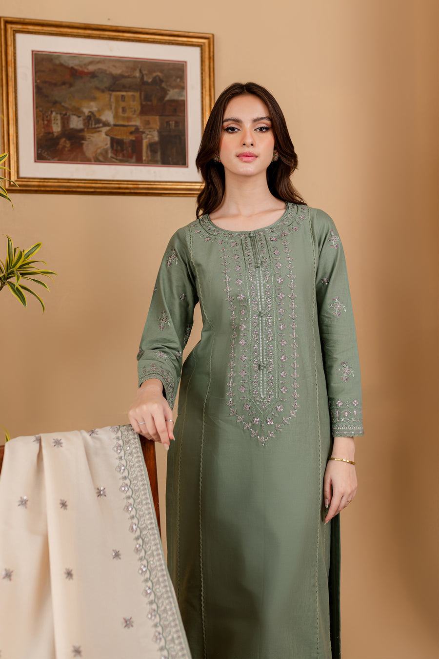 BrandsInn - 3PC LAWN EMBROIDERED SHIRT WITH LAWN EMBROIDERED DUPATTA AND LAWN TROUSER-BI-260