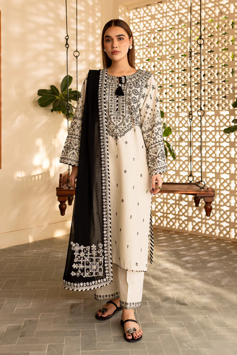 BrandsInn-3PC LAWN EMBROIDERED SHIRT WITH CHIFFON EMBROIDERED DUPATTA AND TROUSER-BI-302