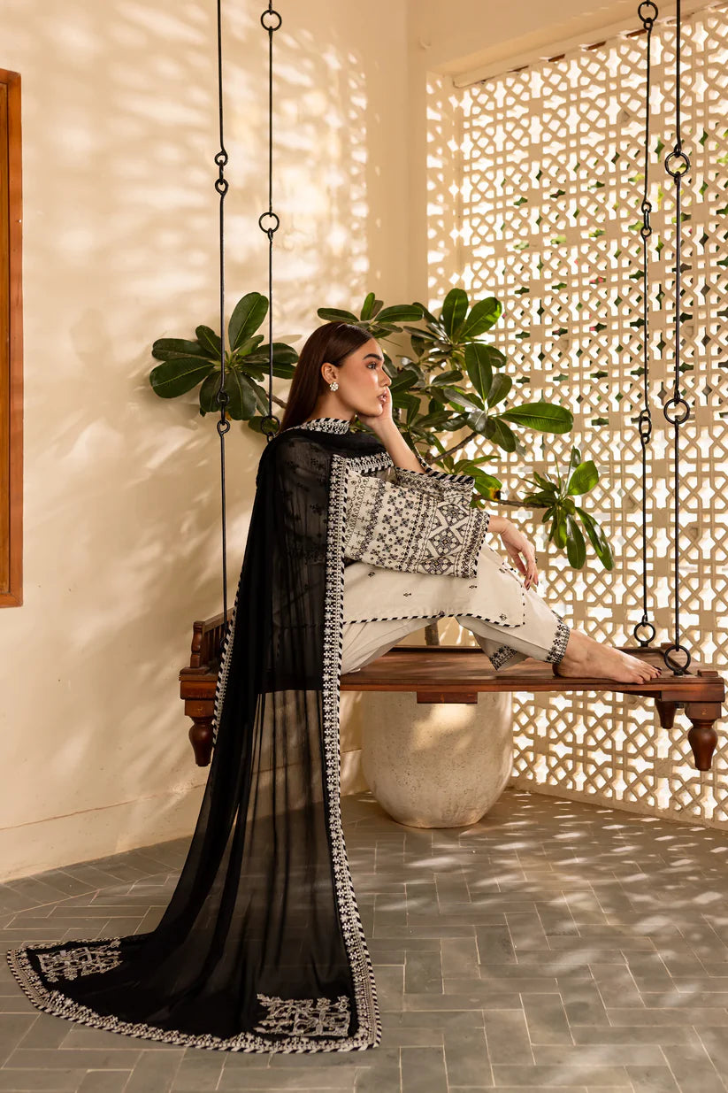 BrandsInn-3PC LAWN EMBROIDERED SHIRT WITH CHIFFON EMBROIDERED DUPATTA AND TROUSER-BI-302