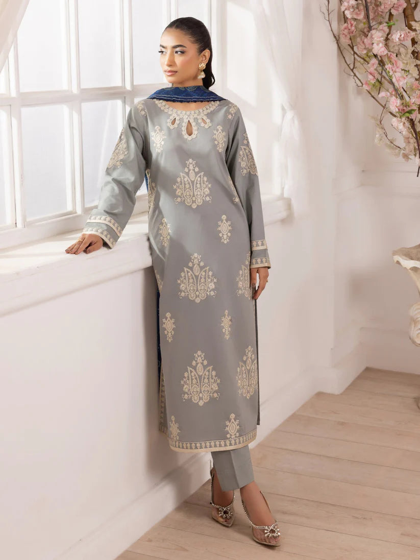 BrandsInn-3PC LAWN EMBROIDERED SHIRT WITH MONARK PRINTED DUPATTA AND TROUSER-BI-348