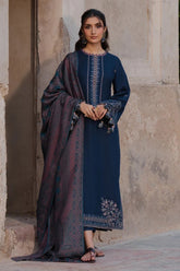 BrandsInn-3PC DHANAK EMBROIDERED SHIRT WITH COURTRAI PRINTED SHAWL & TROUSER-BI-4350