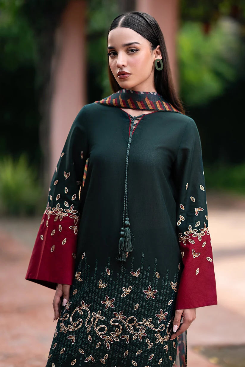 BrandsInn-3PC DHANAK EMBROIDRED SHIRT WITH WOOL PRINT SHAWL AND TROUSER-BI-4077