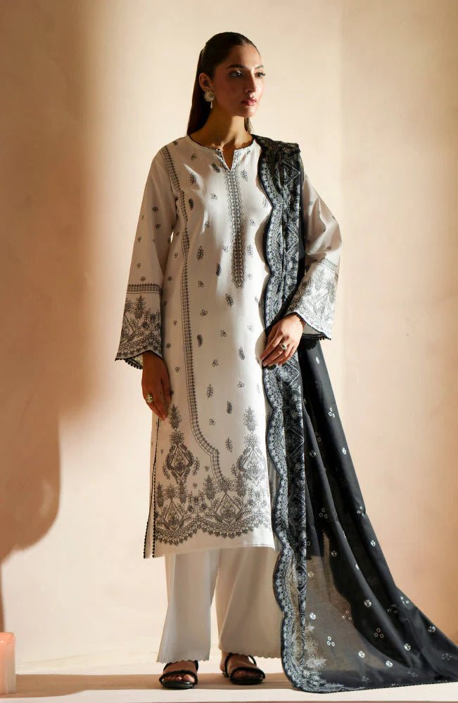 BrandsInn - 3PC DHANAK EMBROIDERED SHIRT WITH DHA COUTURE WOOL PRINT SHAWL AND TROUSER-BI-4088