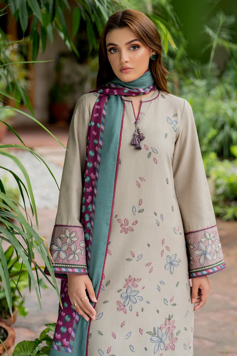 BrandsInn-3PC DHANAK EMBROIDRED SHIRT WITH WOOL PRINT SHAWL AND TROUSER-BI-4068