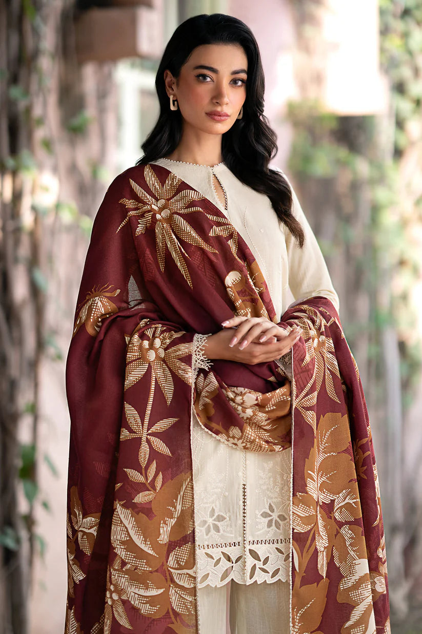 BrandsInn- 3PC DHANAK EMBROIDERED SHIRT WITH WOOL PRINT SHAWL AND TROUSER-BI-4071