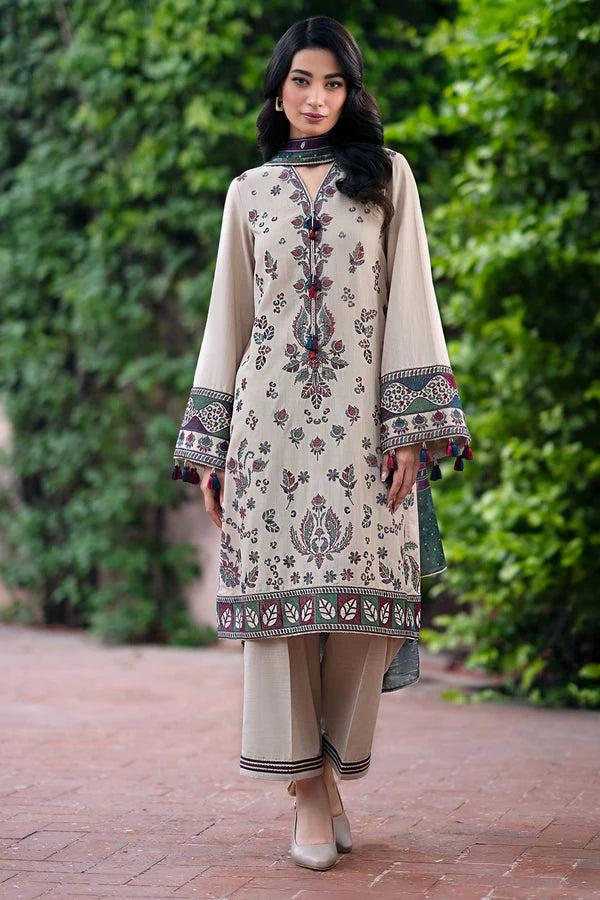 BrandsInn-3PC DHANAK EMBROIDRED SHIRT WITH WOOL PRINT SHAWL AND TROUSER-BI-4062