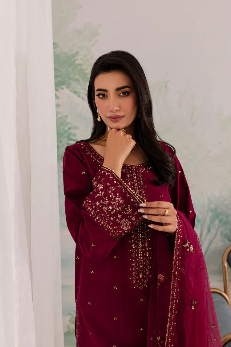 BrandsInn-3PC DHANAK EMBROIDERED SHIRT WITH CHIFFON EMBROIDERED DUPATTA AND TROUSER BI-4198