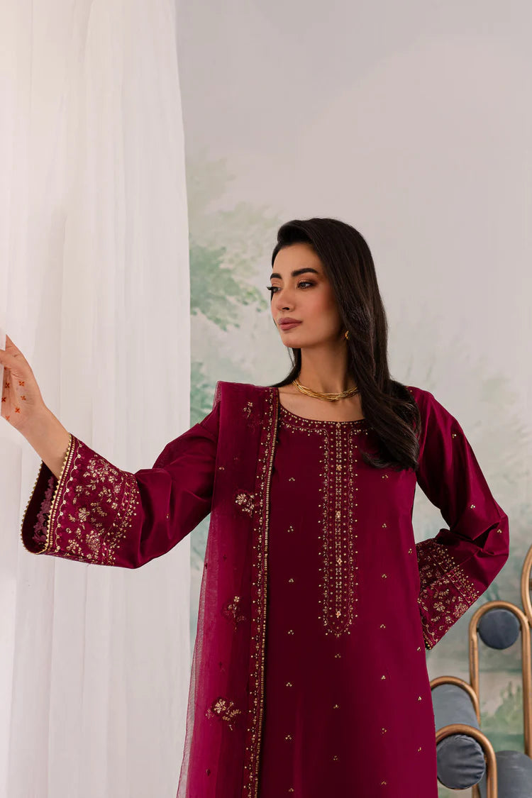 BrandsInn-3PC DHANAK EMBROIDERED SHIRT WITH CHIFFON EMBROIDERED DUPATTA AND TROUSER BI-4198