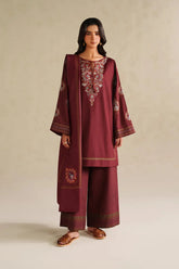 BrandsInn-3PC DHANAK EMBROIDERED SHIRT WITH DHANAK EMBROIDERED SHAWL AND EMB TROUSER -BI-5164