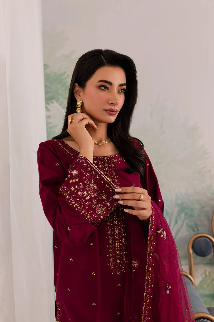 BrandsInn-3PC DHANAK EMBROIDERED SHIRT WITH CHIFFON EMBROIDERED DUPATTA AND TROUSER BI-4198