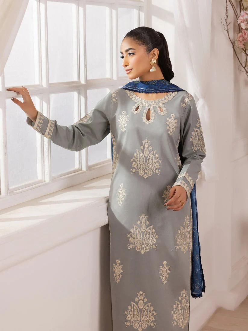 BrandsInn-3PC LAWN EMBROIDERED SHIRT WITH MONARK PRINTED DUPATTA AND TROUSER-BI-348