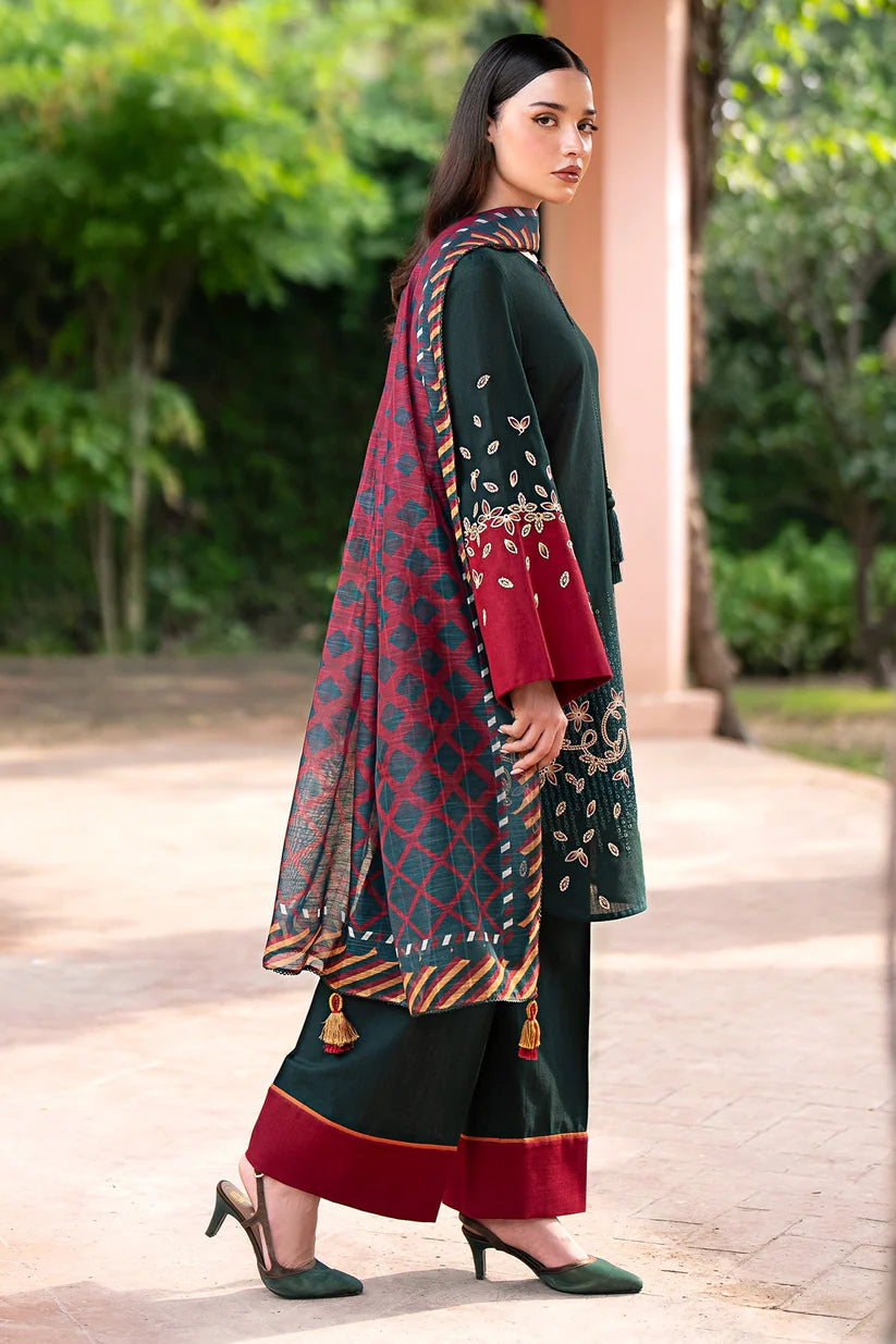 BrandsInn-3PC DHANAK EMBROIDRED SHIRT WITH WOOL PRINT SHAWL AND TROUSER-BI-4077