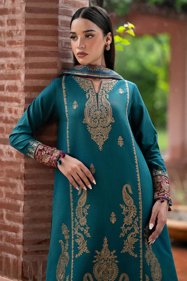 BrandsInn- 3PC DHANAK EMBROIDERED SHIRT WITH WOOL PRINT SHAWL AND TROUSER-A-BI-4102