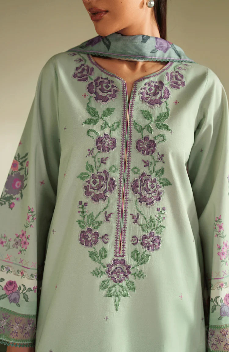 BrandsInn-3PC DHANAK EMBROIDERED SHIRT WITH COURTRAI PRINTED SHAWL & TROUSER-BI-4322