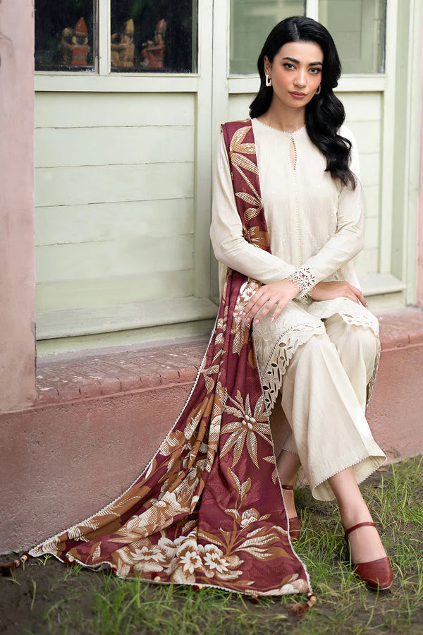 BrandsInn- 3PC DHANAK EMBROIDERED SHIRT WITH WOOL PRINT SHAWL AND TROUSER-BI-4071