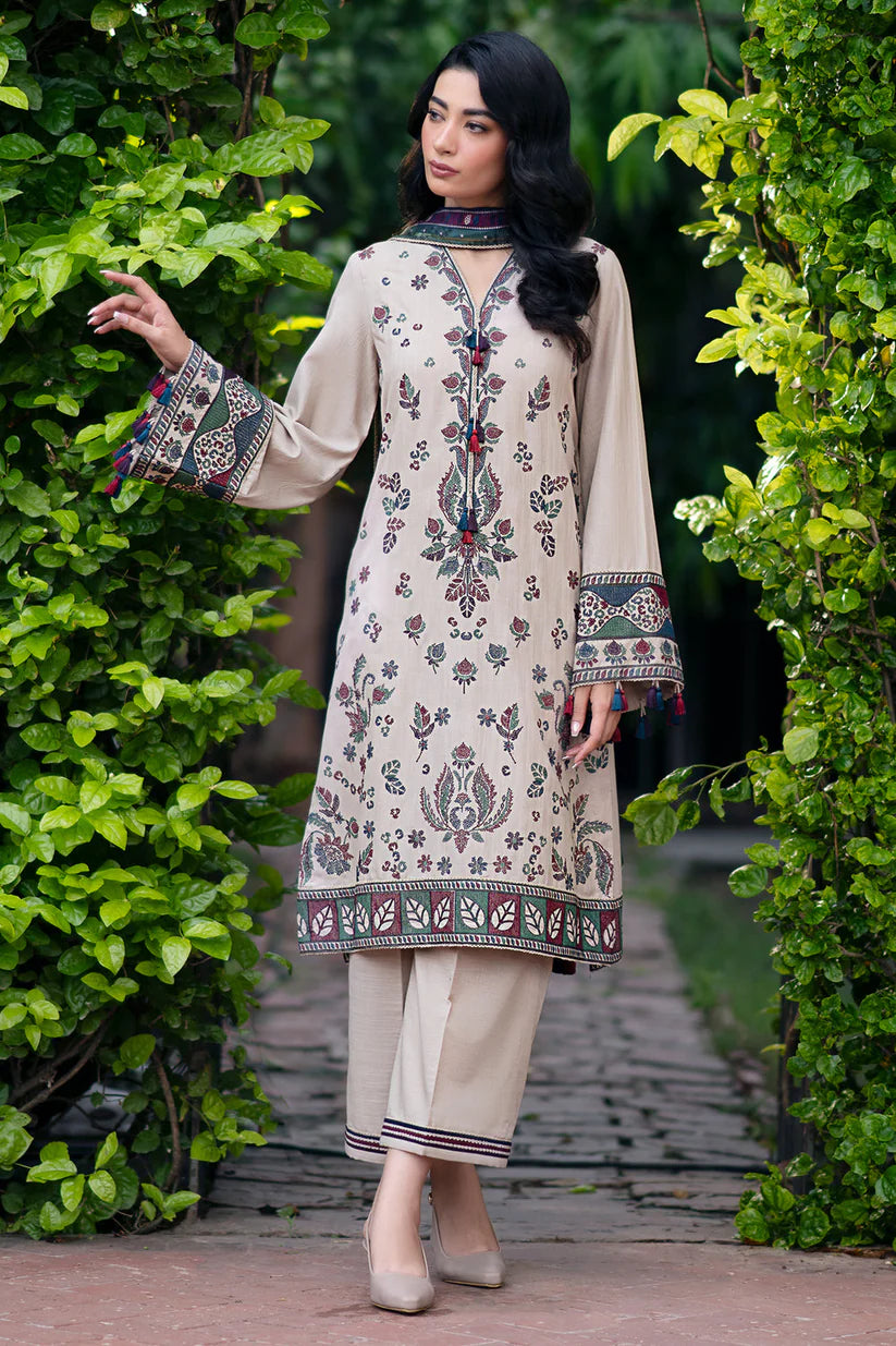 BrandsInn-3PC DHANAK EMBROIDRED SHIRT WITH WOOL PRINT SHAWL AND TROUSER-BI-4062