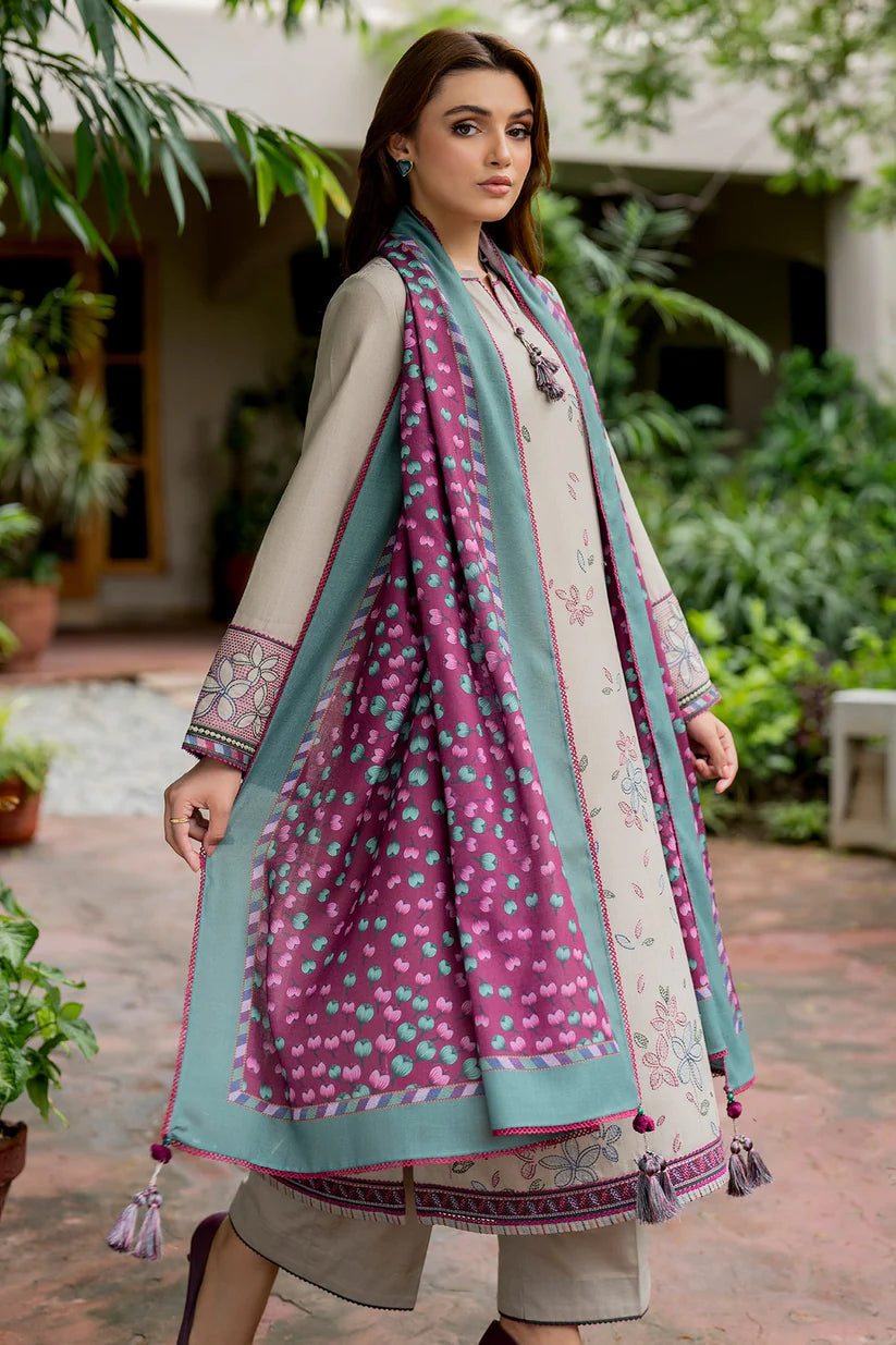 BrandsInn-3PC DHANAK EMBROIDRED SHIRT WITH WOOL PRINT SHAWL AND TROUSER-BI-4068
