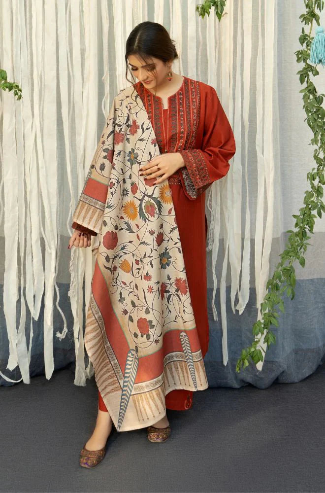 BrandsInn - 3PC DHANAK EMBROIDERED SHIRT WITH COUTURE WOOL PRINT SHAWL AND TROUSER-BIC-4019