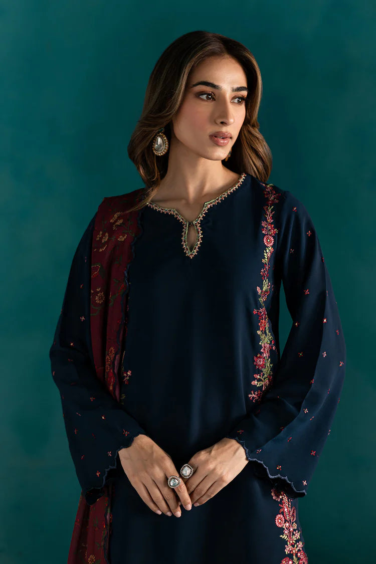 BrandsInn-3PC DHANAK EMBROIDERED SHIRT WITH COURTRAI PRINTED SHAWL & EMB TROUSER-BI-4231
