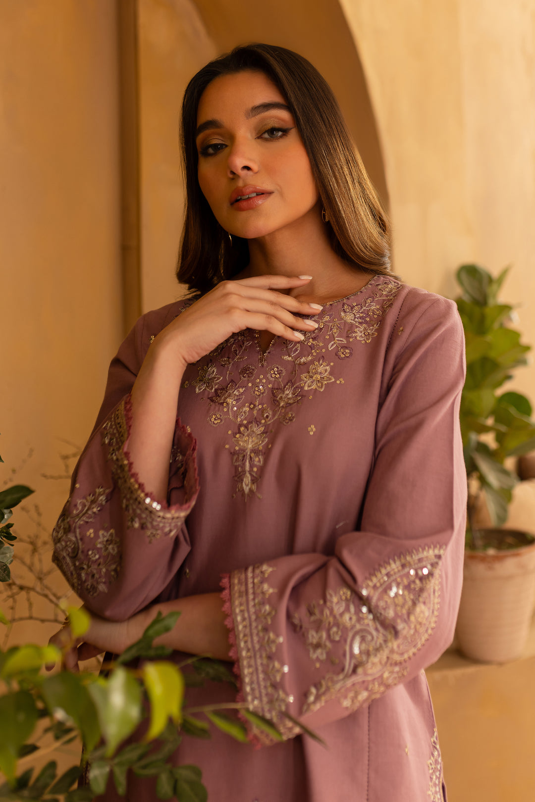 BrandsInn-2PC SEQUIN DHANAK EMBROIDERED SHIRT WITH SEQUIN DHANAK EMBROIDERED TROUSER-BI-4095