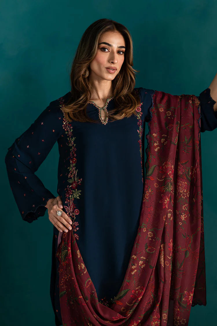 BrandsInn-3PC DHANAK EMBROIDERED SHIRT WITH COURTRAI PRINTED SHAWL & EMB TROUSER-BI-4231