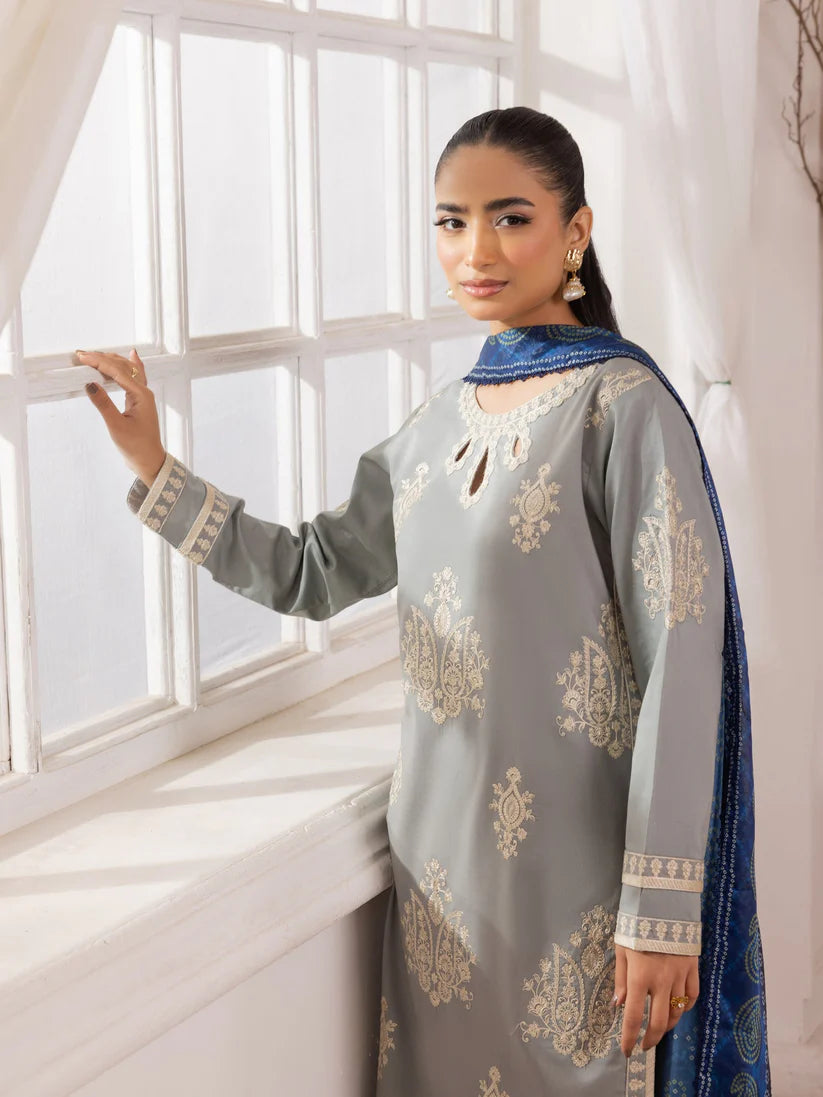 BrandsInn-3PC LAWN EMBROIDERED SHIRT WITH MONARK PRINTED DUPATTA AND TROUSER-BI-348