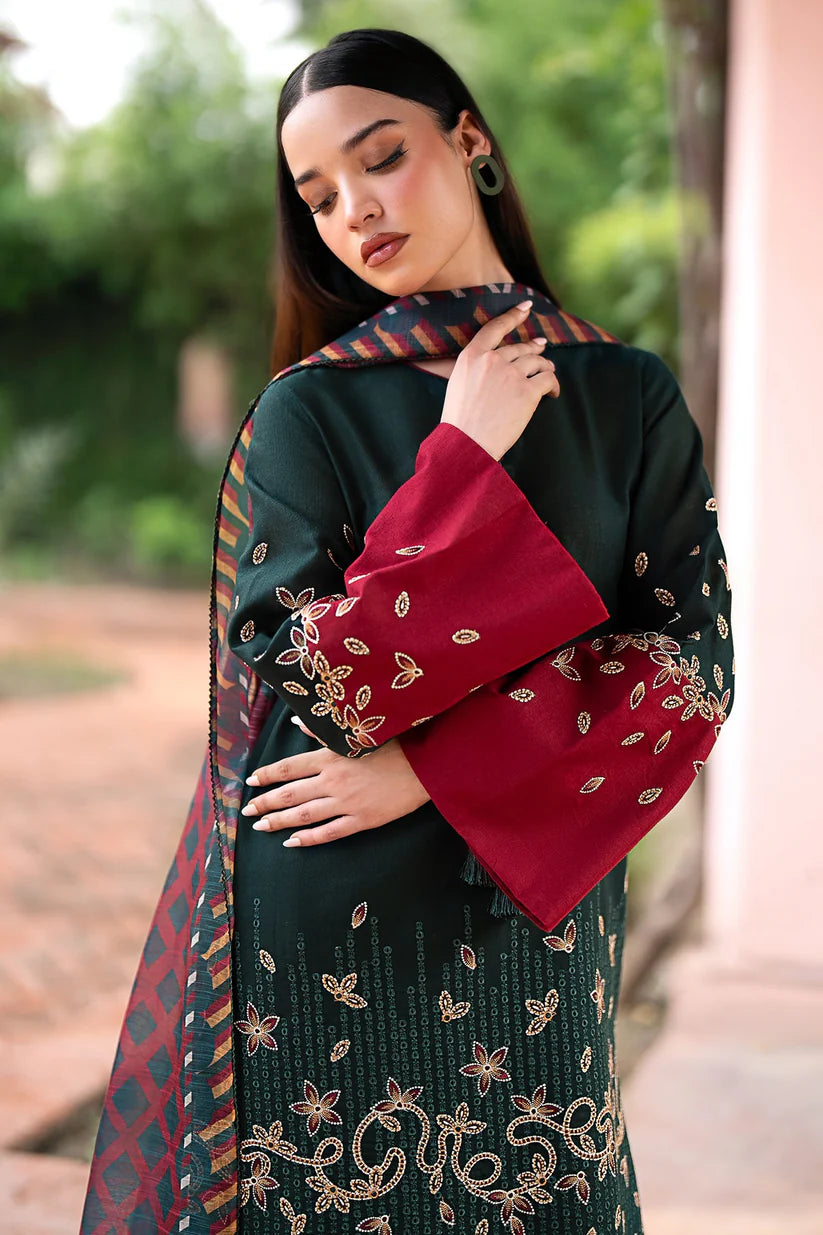 BrandsInn-3PC DHANAK EMBROIDRED SHIRT WITH WOOL PRINT SHAWL AND TROUSER-BI-4077