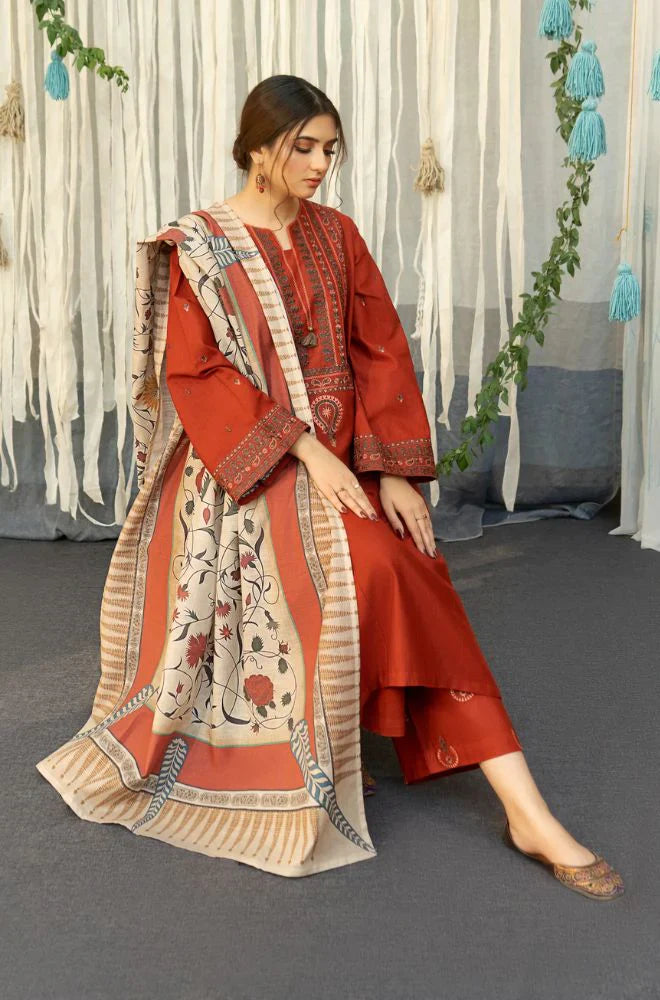 BrandsInn - 3PC DHANAK EMBROIDERED SHIRT WITH COUTURE WOOL PRINT SHAWL AND TROUSER-BIC-4019