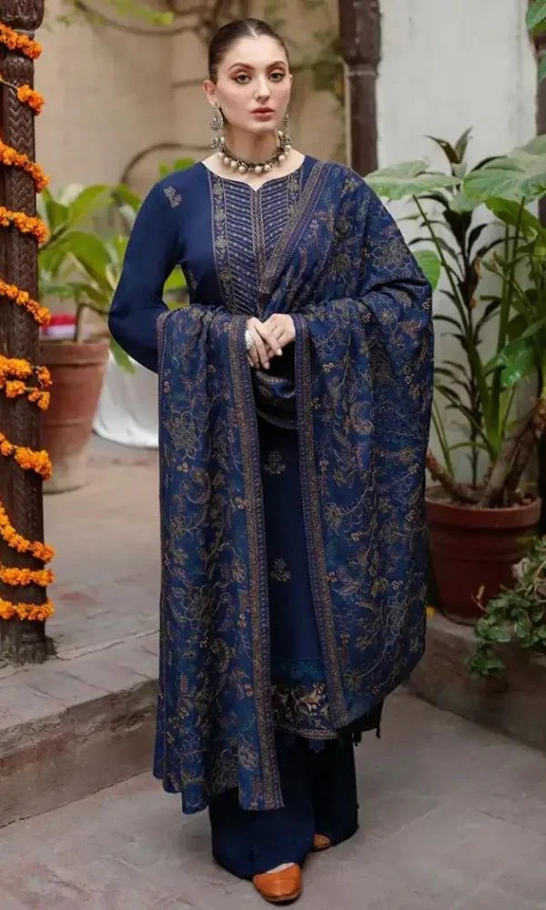 BrandsInn - 3PC DHANAK EMBROIDERED SHIRT WITH DHANAK EMBROIDERED SHAWL AND TROUSER -BIC-4006