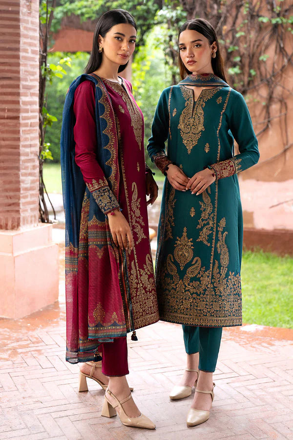 BrandsInn- 3PC DHANAK EMBROIDERED SHIRT WITH WOOL PRINT SHAWL AND TROUSER-A-BI-4102
