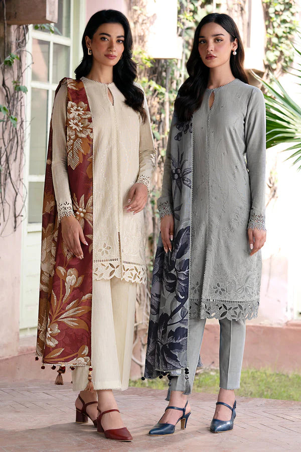BrandsInn- 3PC DHANAK EMBROIDERED SHIRT WITH WOOL PRINT SHAWL AND TROUSER-BI-4071