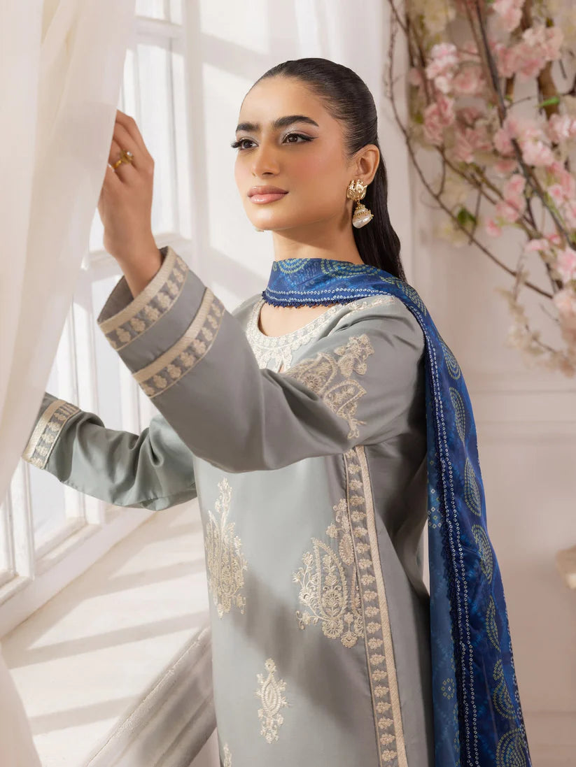 BrandsInn-3PC LAWN EMBROIDERED SHIRT WITH MONARK PRINTED DUPATTA AND TROUSER-BI-348