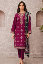 BrandsInn-3PC DHANAK EMBROIDERED SHIRT WITH COURTRAIWOOL PRINT SHAWL-BI-4096