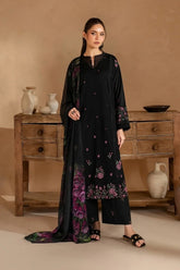 BrandsInn-3PC DHANAK EMBROIDERED SHIRT WITH COUTRAI PRINTED SHAWL AND EMB TROUSER-BI-5147